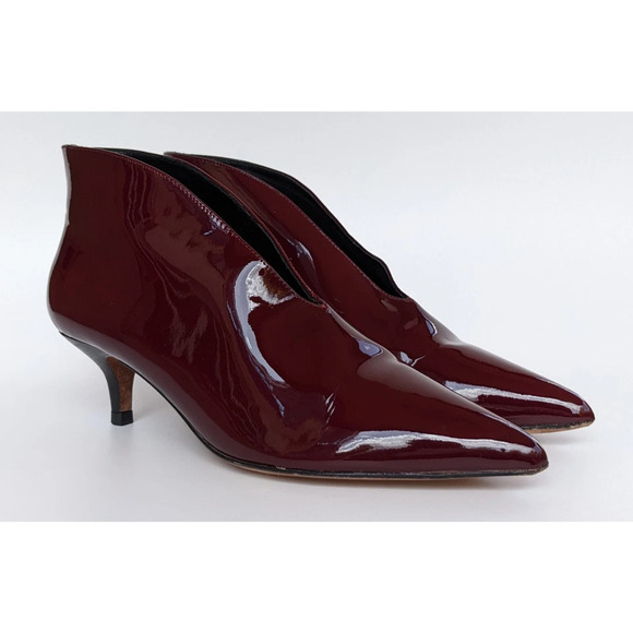 Celine Paris V Neck Polished Leather Kitten Heel Pumps Red Women's Size EU 39 - Picture 1 of 7